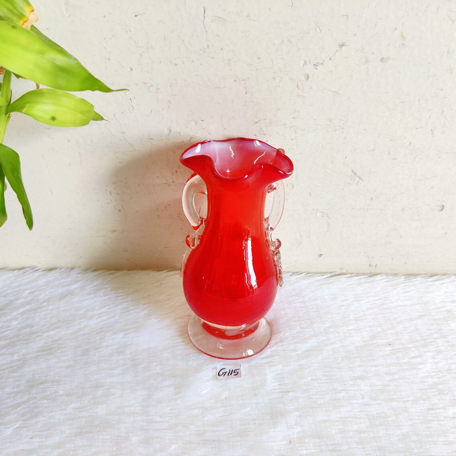 Vintage Flower Vase Handmade Floral Red Glass Pontil Mark