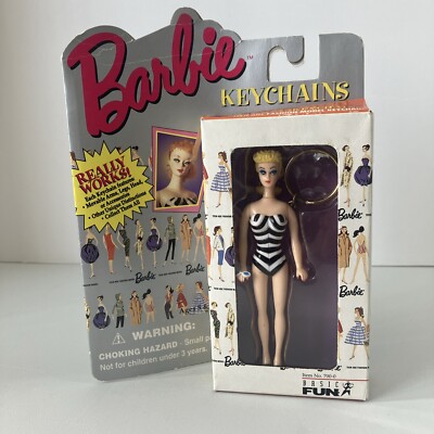 VINTAGE MATTEL 1995 BASIC FUN BARBIE KEYCHAIN BLONDE HAIR BLK/WHT SWIMSUIT NEW