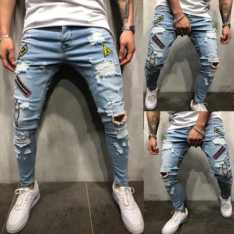 Men Ripped Biker Skinny Jeans Frayed Destroyed Trousers Casual Denim Pants S-XL