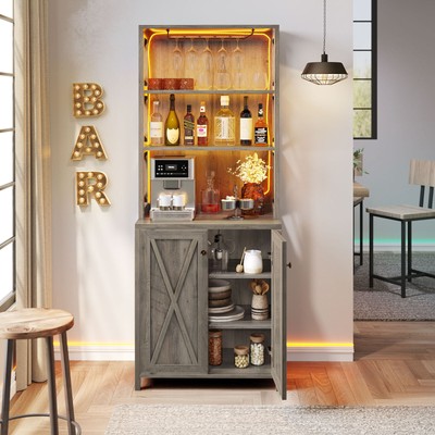 Kitchen Corner LED Bar Cabinet Storage Shelves Wine Rack for Liquor & Glasses