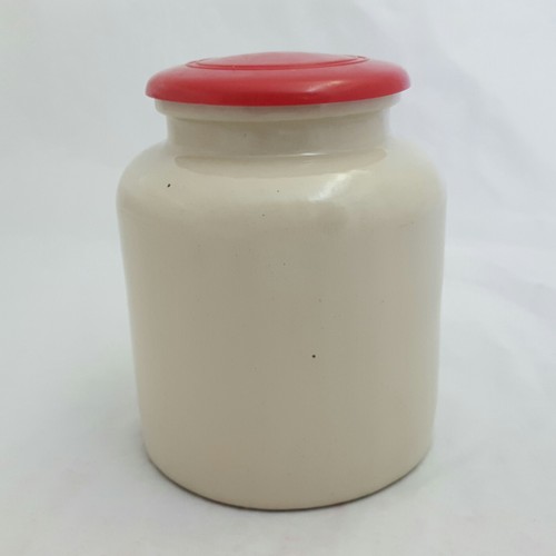 Vintage Mustard Stoneware Crock Original Red Plastic Lid