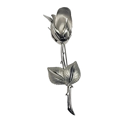 Silver Tone Rose Brooch Pin Vintage 