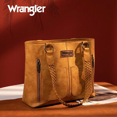 Wrangler Ladies Braided Detail Multi Pockets Concealed Carry Tote Bag Tan