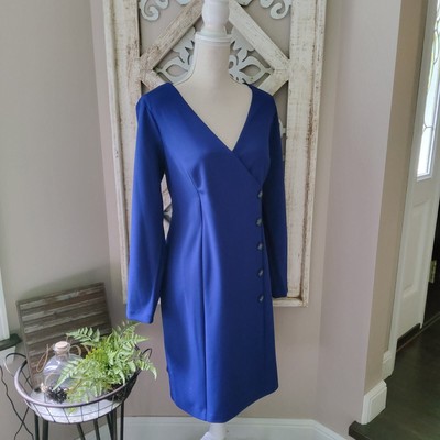 Connected Apparel Women's Petite Button Surplice Sheath Midi Dress in Deep Blue