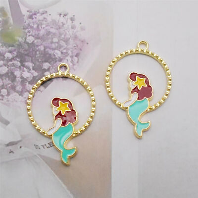 12 pcs Gold Alloy Circle Mermaid Charm Enamel Pendant Earring Findings 33x22mm