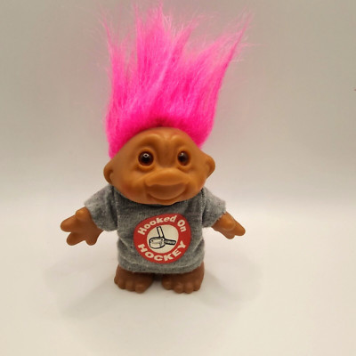 Vintage 5'' DAM Troll 1986 Hooked On Hockey Pink Hair Gray Sweatshirt