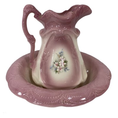 Vintage decorative Water Pitcher and Wash Bowl Basin Raised open rose green leaves and branch Scalloped edges with God Bless Our Home