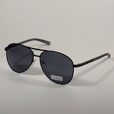 Tommy Hilfiger ''Bae'' MM OM195 Aviator Sunglasses Shiny Black Metal Gray Lens