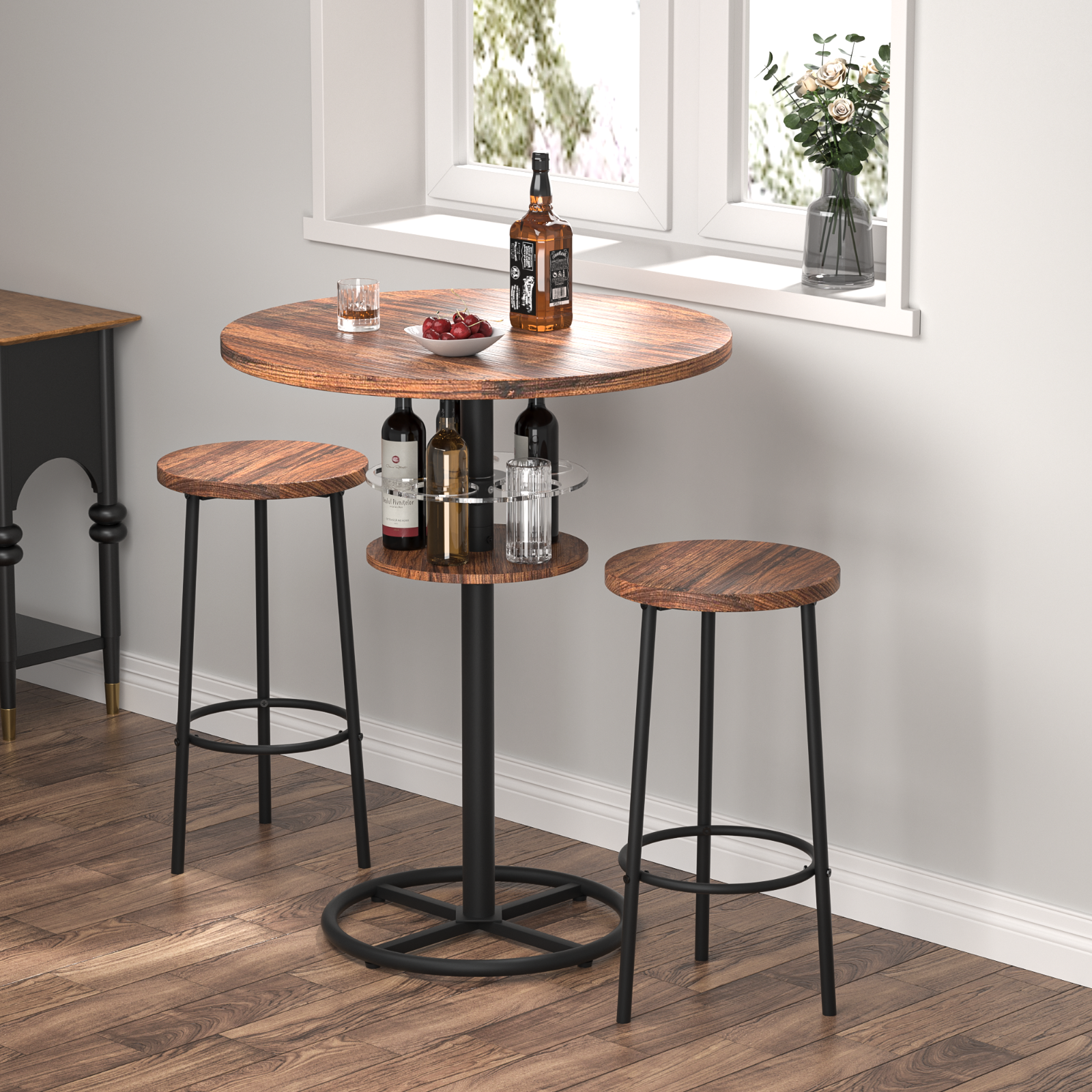 Round Bar Table Counter Height Dining Kitchen Pub Table with Wine Bottle Rack
