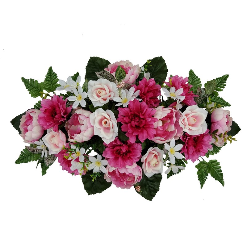 30In Outdoor Artificial Floral Headstone Saddle, Peony in Pink.