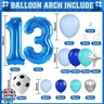 Soccer 13th Birthday Decorations for Boys, Royal Blue Teal Light Blue Balloon Garland Arch Kit with 40 Inch Blue Number 13 Balloon Tower, Soccer 13th Birthday Balloons for Kids Football Theme Party