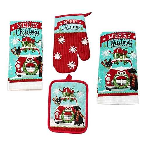 Christmas Kitchen Towels Oven Mitt and Potholder Set Of 4 Cotton Red Truck Gifts