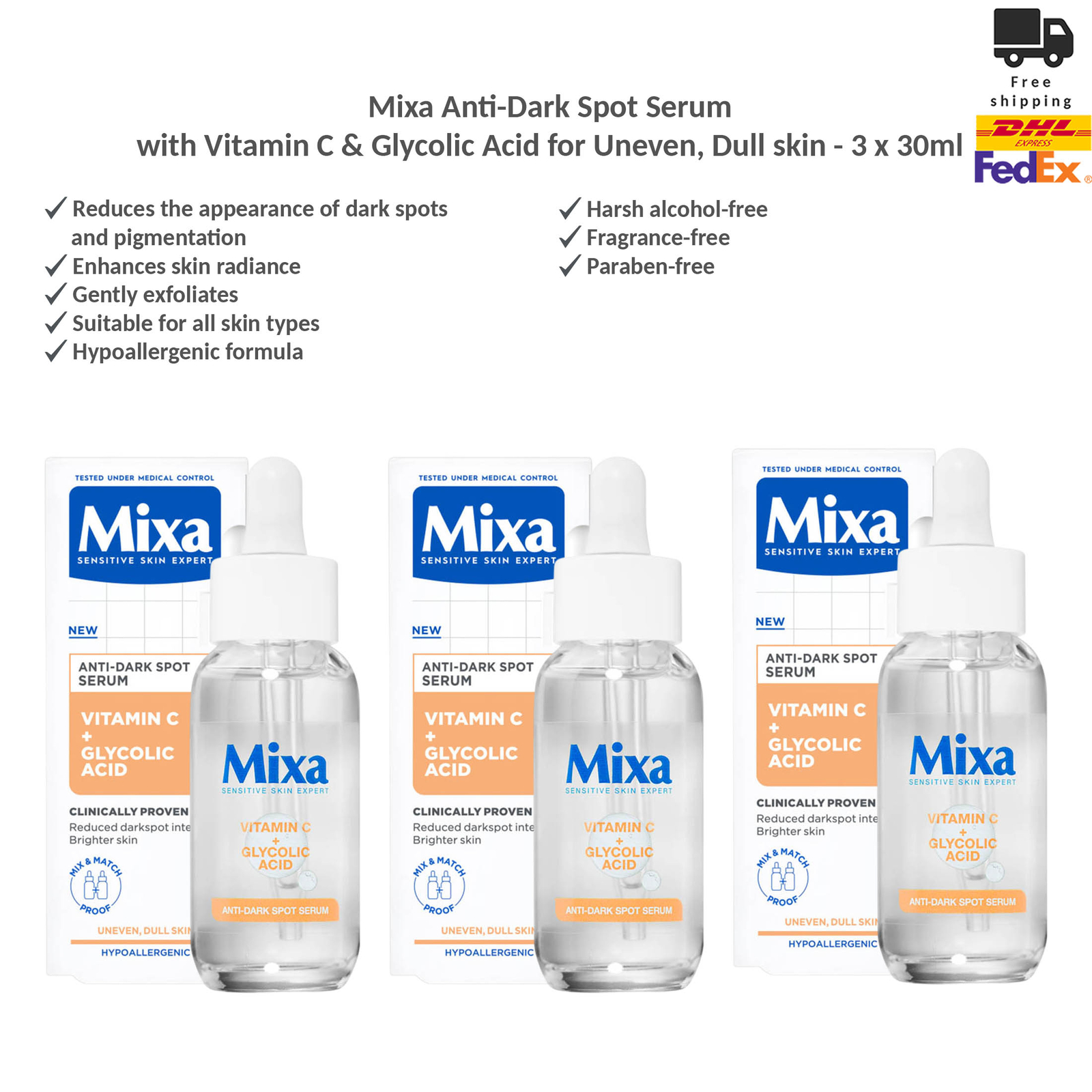 Mixa Anti-Dark Spot Serum with Vitamin C & Glycolic Acid for Dull Skin 3x30ml