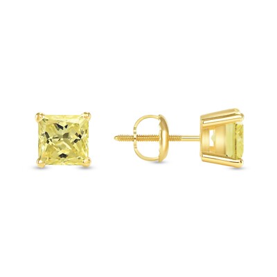 Pre-owned Shine Brite With A Diamond 2 Ct Princess Cut Canary Earrings Studs Solid 14k Yellow Gold Screw Back Basket
