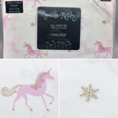 Cynthia Rowley Pink Unicorn FULL Sheets Gold Snowflake Cotton Winter Christmas