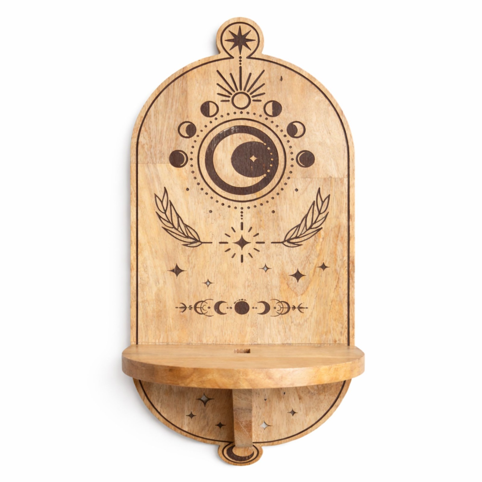 Moon Phase & Tree Carved Arch Wall Shelf Wooden Display Boho Style Home Decor