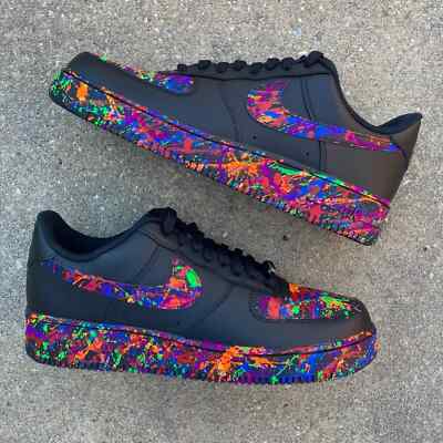 Air Force 1 Custom Black Shoes Neon Splatter Blue Red Orange Green Mens Size 9