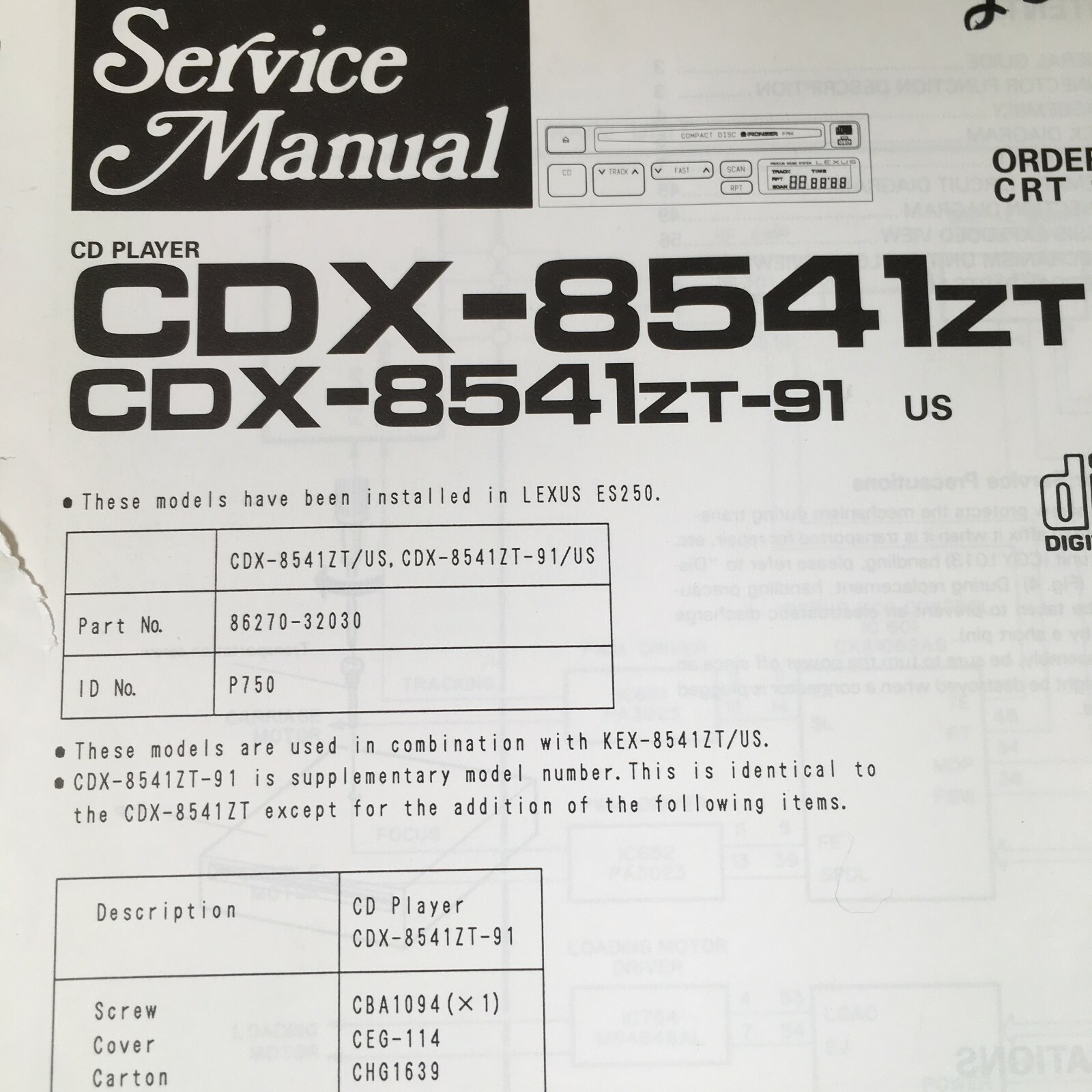 Pioneer Service Manual CRT1221 CDX-8541ZT (installed in Lexus ES250)