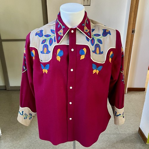 トップス 40s [Embroidery Rayon Western Shirt] Vintage 1940's Jet Black Two-tone Rayon Western Cowboy