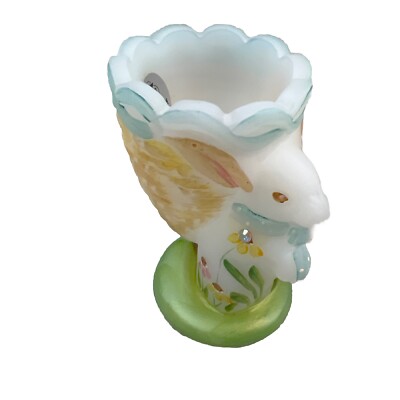 Fenton Bunny Egg Cup Opal Sanded 6883 Hand painted Signed & Tagged IOB EUC