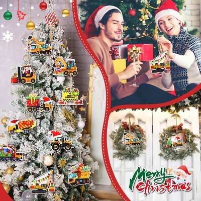 Bucherry 24 Pieces Construction Christmas Ornaments Truck Ornaments Wood Exca...