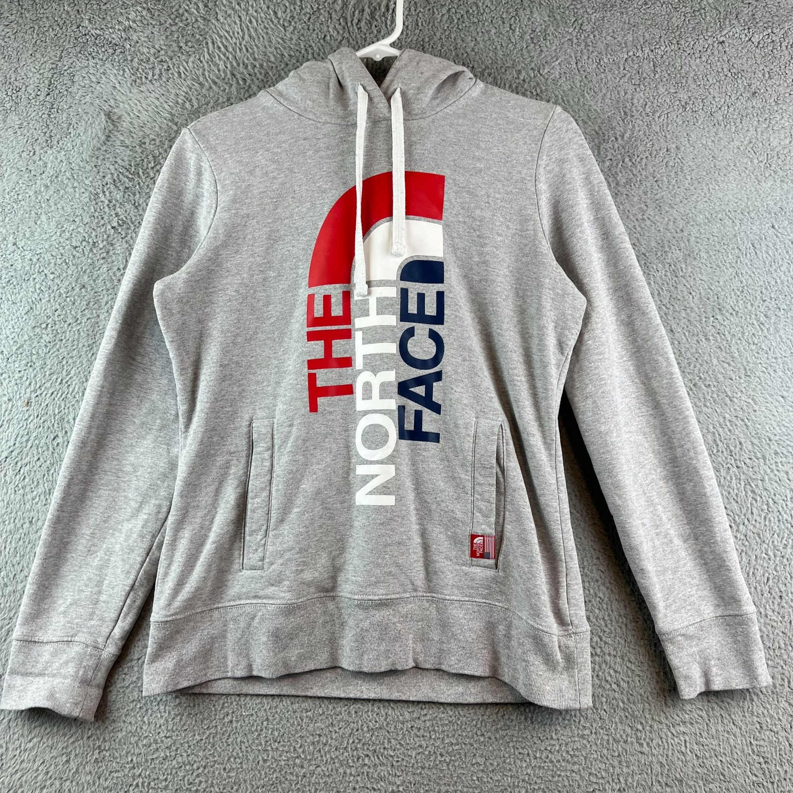 The North Face Gray Red White Blue Logo Hoodie RU/14 sweatshirt M | eBay