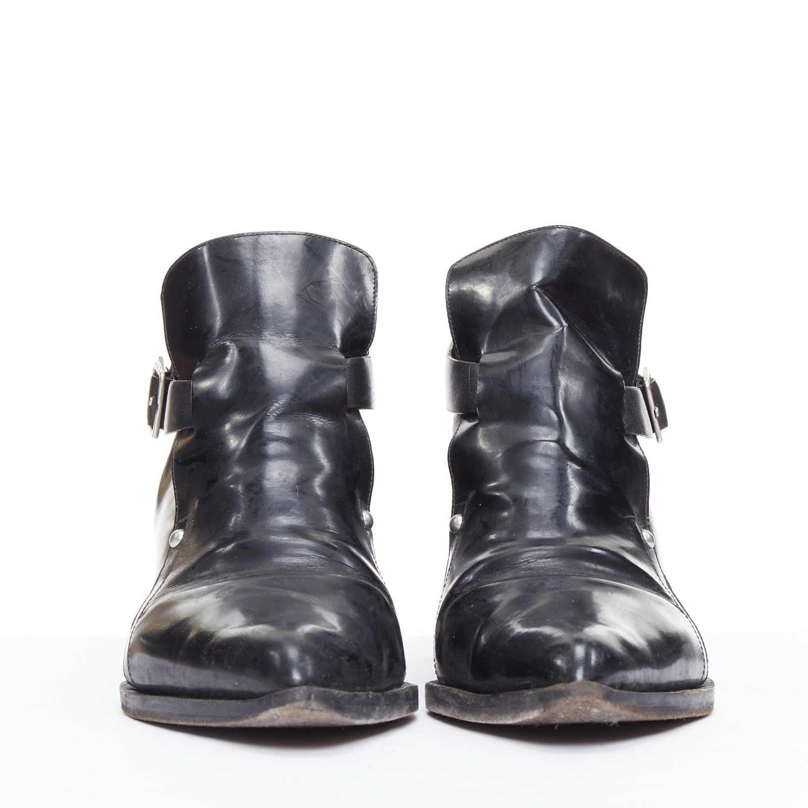 JIL SANDER black leather silver buckle block heel ankle JIL SANDER black leather silver buckle block heel ankle