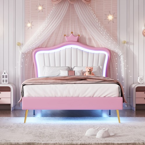 Princess Bed for Girls Bedroom PU Upholstered Bed w/Crown Headboard & LED Lights