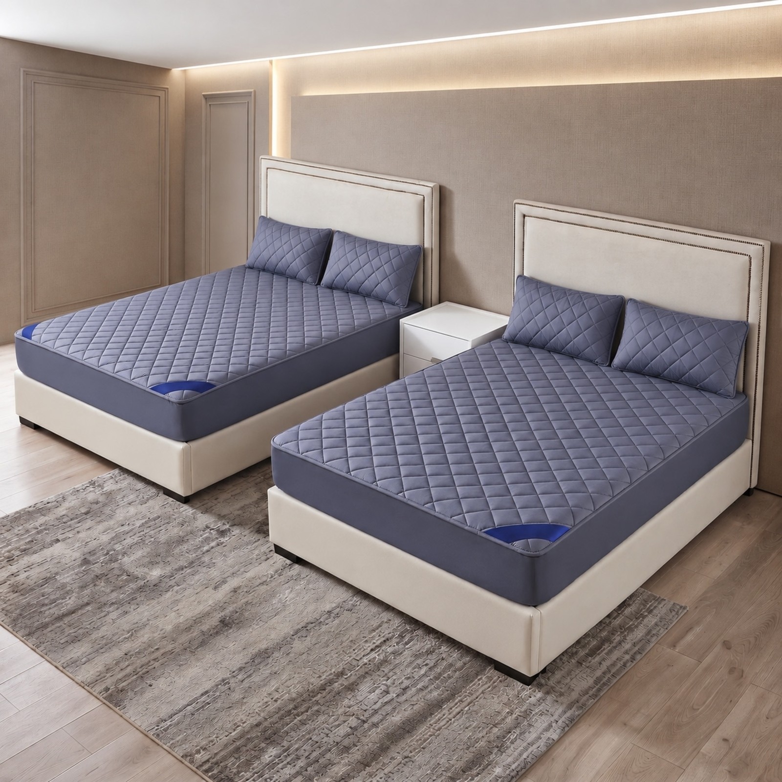 SOGA 2 Pack Blue King Cross-Hatch Quilted Mattress Cover Sets with 4 Pillowcases