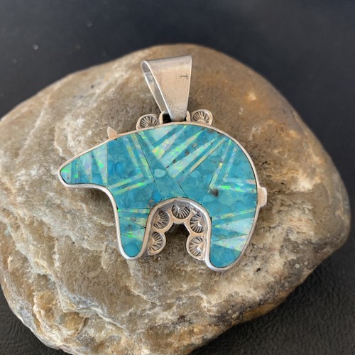 Pre-owned Handmade Mens Blue Turquoise & Opal Bear Navajo Sterling Silver Inlay Pendant 12602