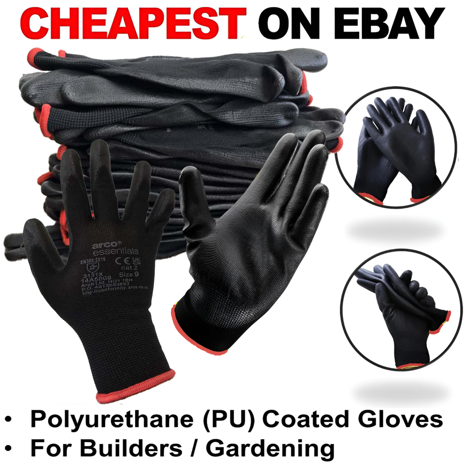 12 Pairs  Size9 L Arco Essentials Safety GripLatex-Coated Work Gloves Black/Red