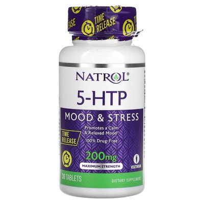 Natrol 5-HTP Время высвобождения Максимальная сила 200 мг 30 таблеток без яиц, рыба