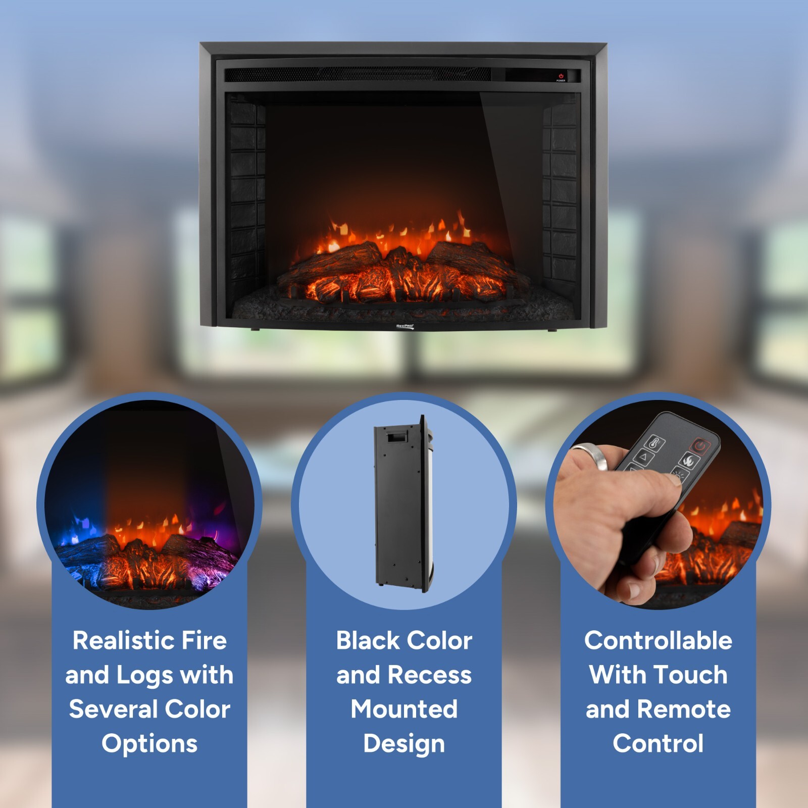 RecPro RV 30" Electric Fireplace | 26" Cutout | 120V | 3 Color Modes