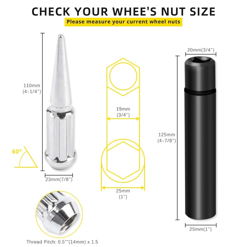 24-Piece Black Spline Spike Lug Nuts – 14x1.5 For Dodge Charger/Challenger – 4.4” Tall