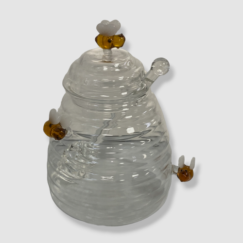$42 Neiman Marcus Botanical Clear Glass Lid Bee Kitchen Handcrafted Honey Jar