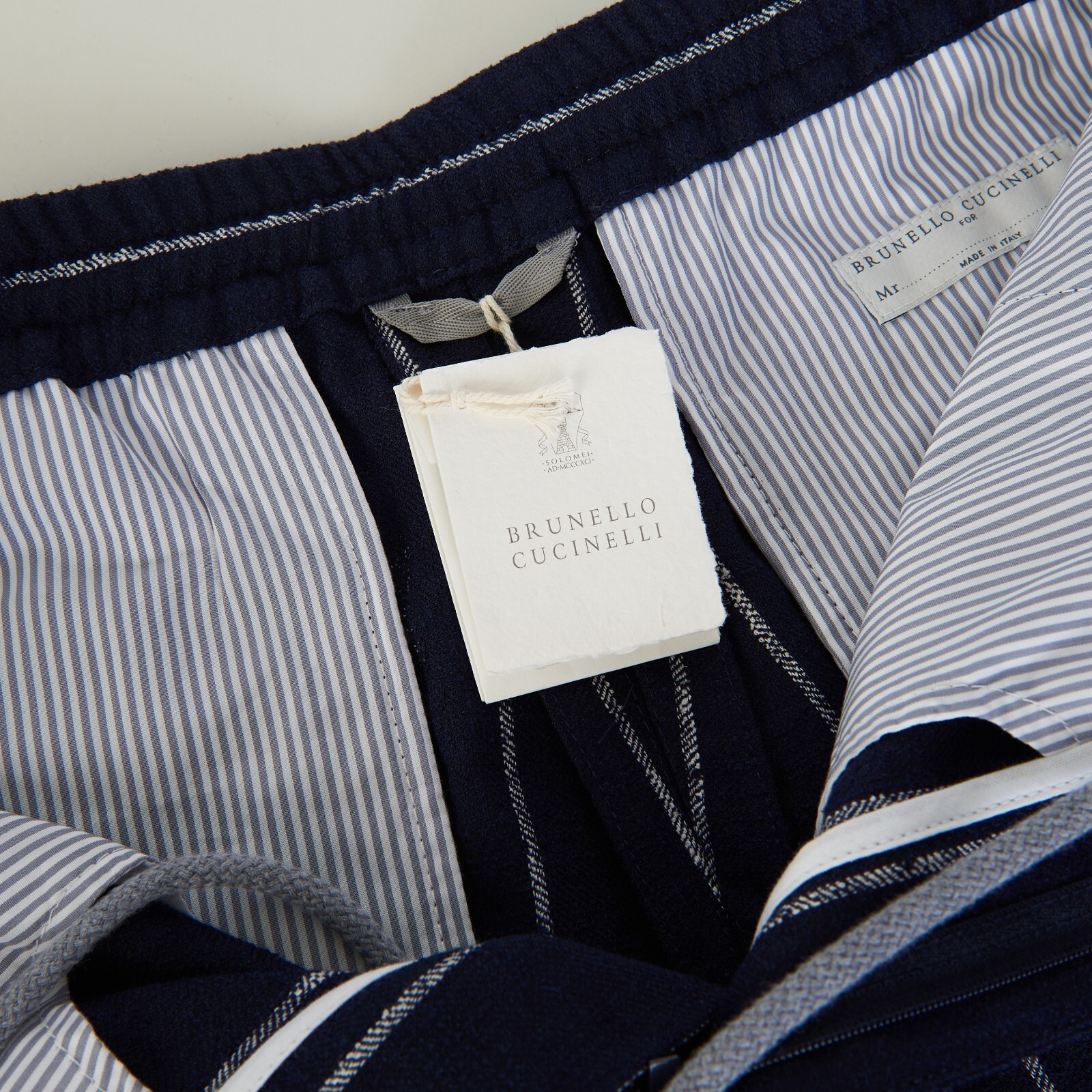 Pre-owned Brunello Cucinelli 1395$ Navy Chalk Stripe Bermuda Shorts - Drawstring, Pleats In Blue