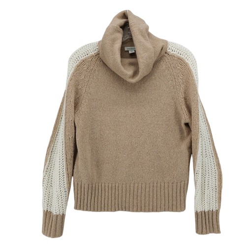 SUNDANCE Elsa Cowl Neck Sweater Tan Brown Cream Crochet Sleeve Details Size XS