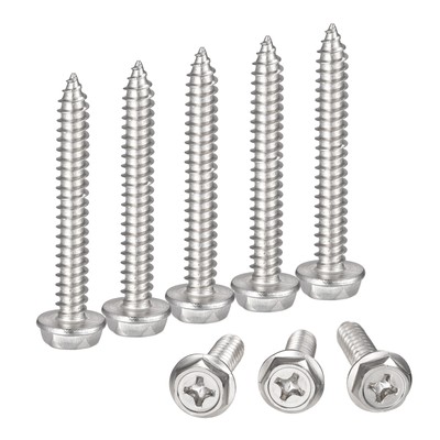 Phillips Hex Washer Self Tapping Screws, M6 x 45mm 304 Stainless Steel 10pcs