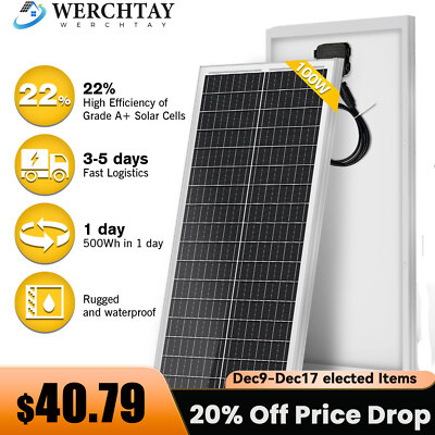 100W Mono Solar Panel 12V Car Battery Charger Rooftop Boat RV Home Off Grid