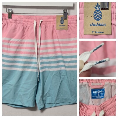 $69 Chubbies Swim Trunks Mens Sz L 7'' Drawstring Shorts On The Horizons Striped