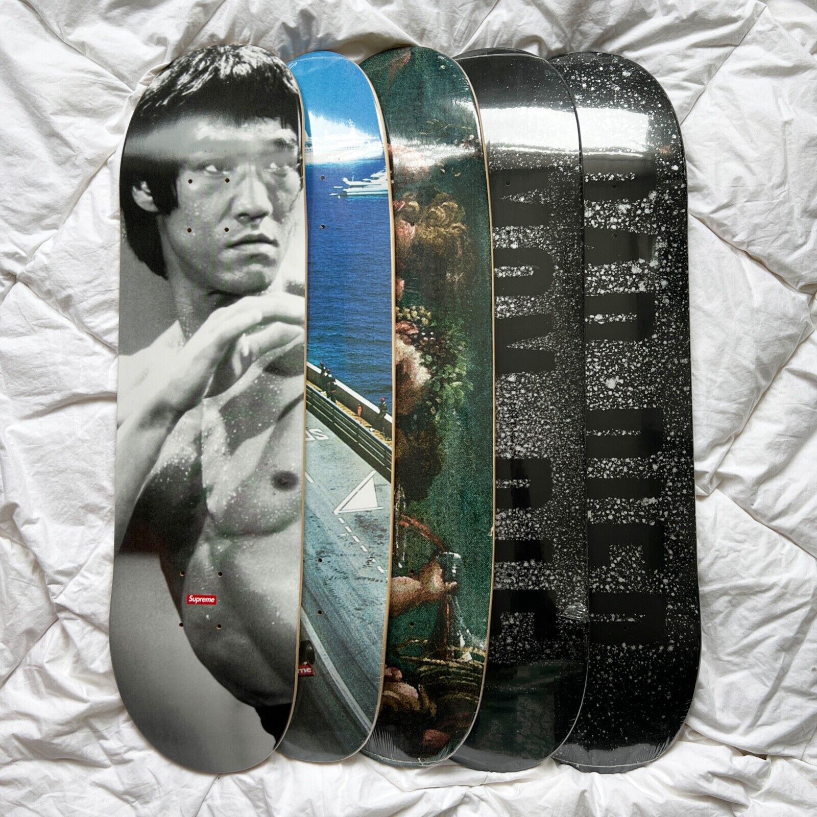 Supreme 2013 Bruce Lee, Mark Flood, Grand Prix, Bacchanal, Skateboard Deck Set Supreme 2013 Bruce Lee, Mark Flood, Grand Prix, Bacchanal, Skateboard Deck Set