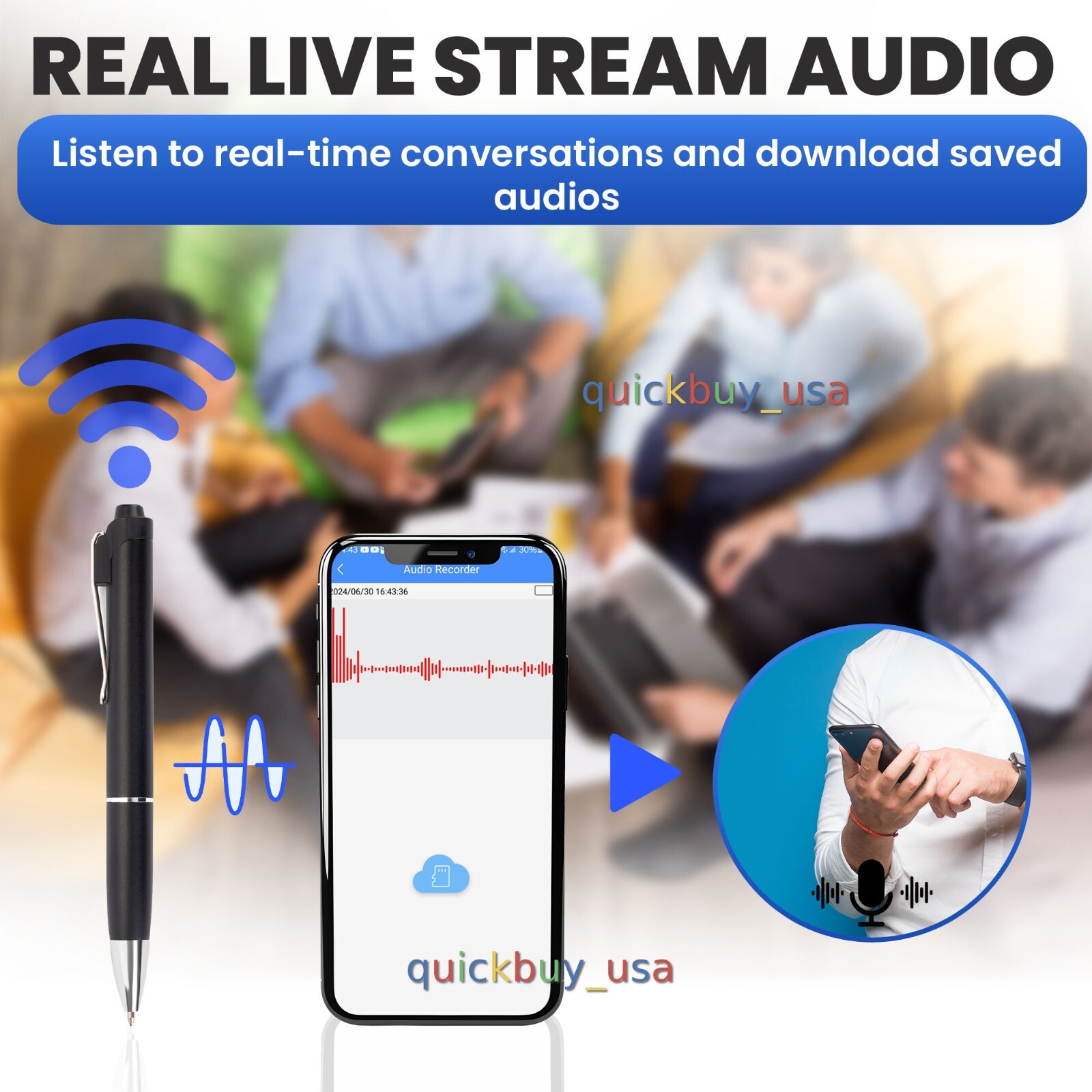 WIFI Audio Pen Voice Recorder Real-Time Audio Thru App Voice Activated - TC18