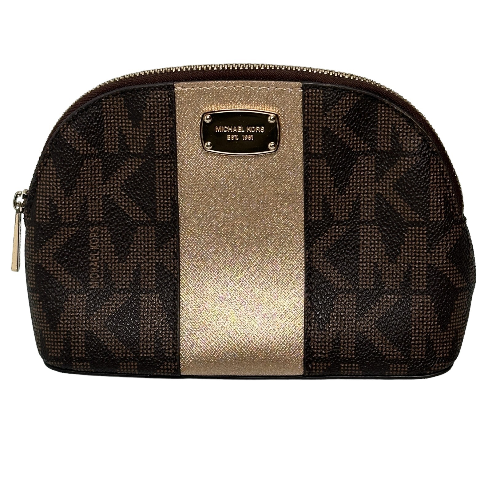 Michael Kors Brown Met Center Stripe Dome Zip Cosmetic Pouch