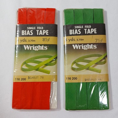 Vtg Wrights Single Fold Bias Tape 1/4 Wide 4 Yards Emerald 44 & Scarlet 76 NOS