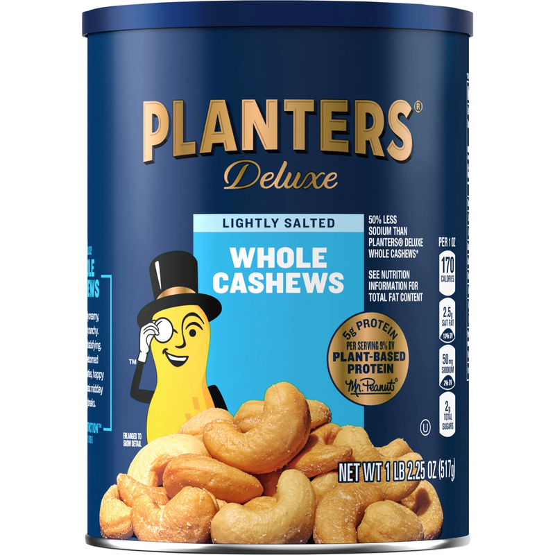 Deluxe Lightly Salted Whole Cashews, Party Snacks, Plant Based 5G Prot