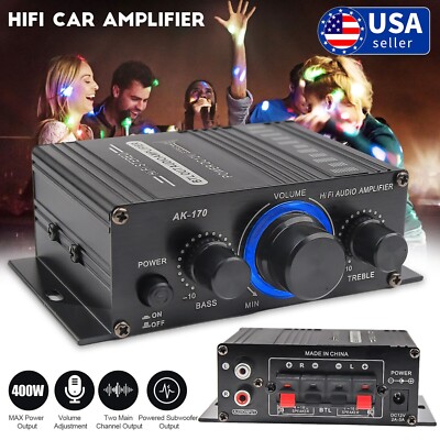 400W 12V 2 Channel Powerful Stereo Audio Power Amplifier HiFi Bass Amp Car Home
