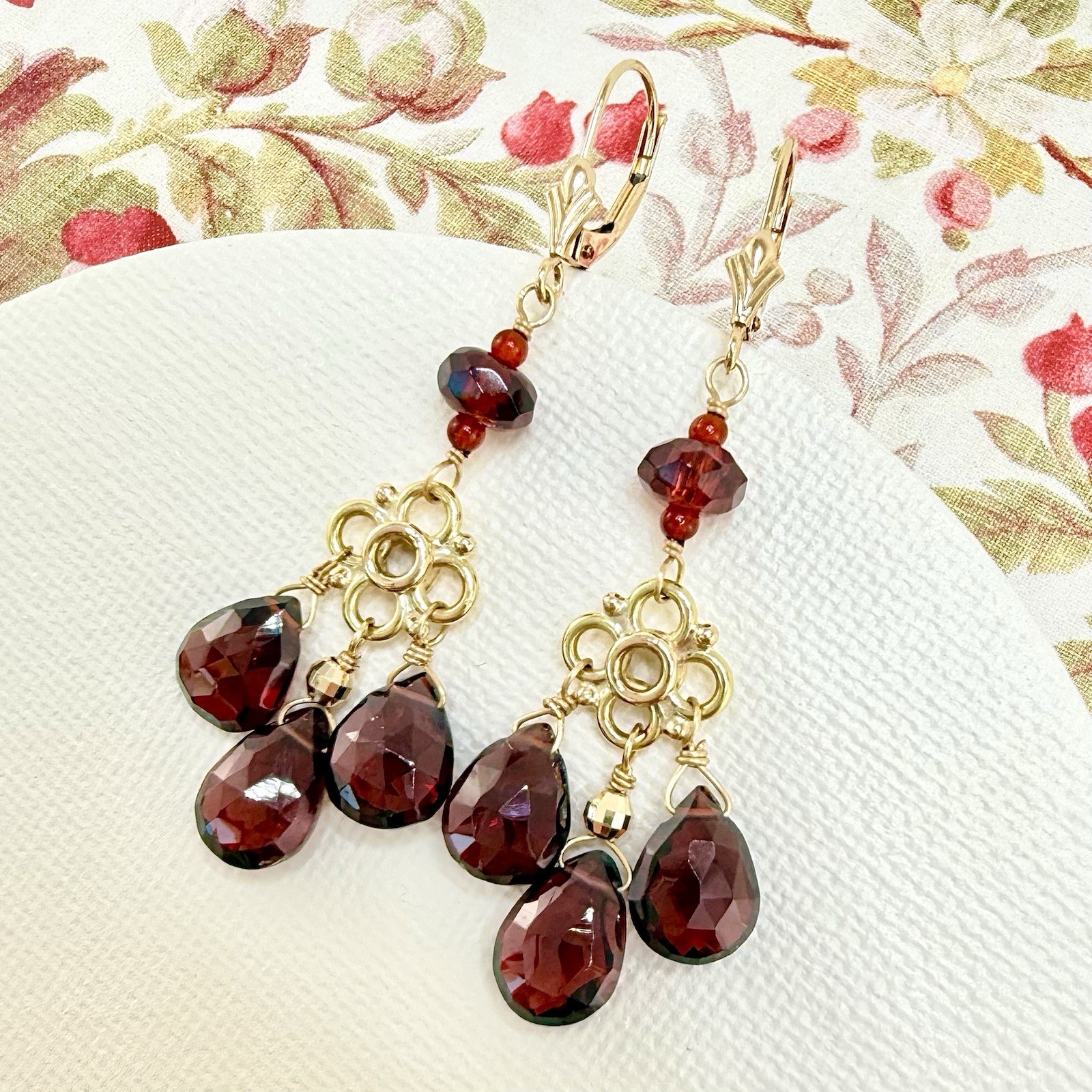 14k Yellow Gold Genuine Garnet Chandelier Dangle/Drop Earrings, New, 2.10