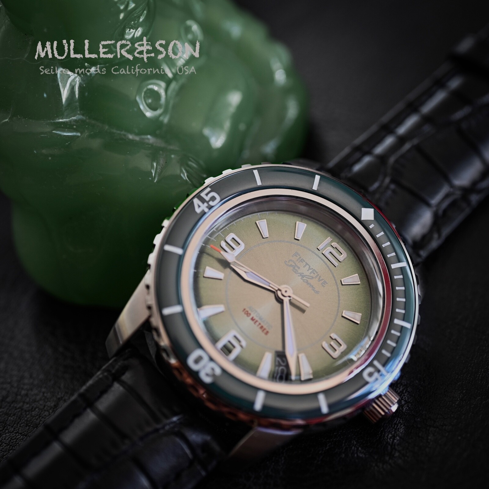Pre-owned Müller&son Watch "modern Green Supermod" Made From Seiko Snzh Fifty Five Fathoms