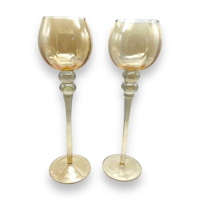 Vintage Handblown Amber Marigold Glass Long Stem Candle Holders, 12” tall, Pair