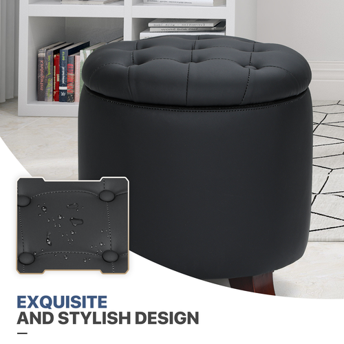 17" Black Round Storage Ottoman Classic PU Leather Lift Top Footstool Wood Legs